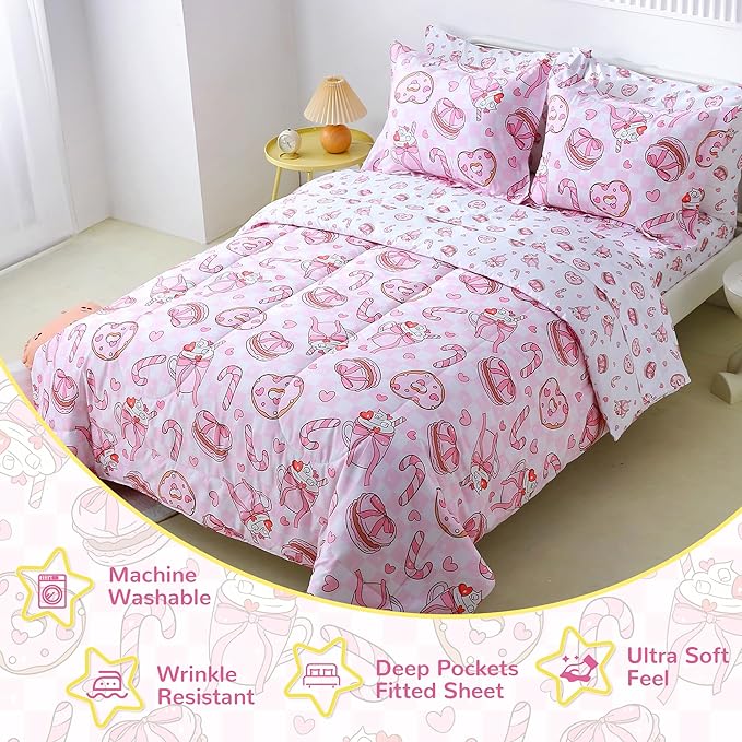Viviland Kids Full Bedding Sets for Girls, Soft Full Comforter Set with Sheets, 7 Pieces Microfiber Bed in a Bag, Pink Dessert Cake