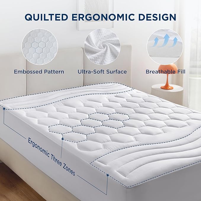 Bedsure RV Short Queen Mattress Pad - Quilted Fitted Mattress Topper Protector with 8-21 Inches Deep Pocket, Noiseless Bed Cover Padded for Camper and Motorhome, Machine Washable, White, 60x75 Inches
