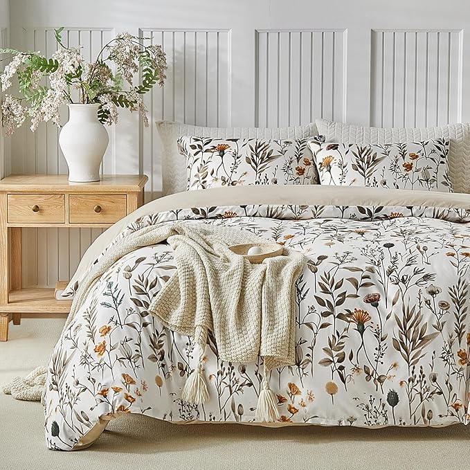 Lekesky Queen Size Duvet Cover Set, Lightweight Soft Microfiber Comforter Cover, Reversible Duvet Cover Queen with Branch Pattern, 3 Pieces Khaki Bedding Set with Zipper and 2 Pillowcases