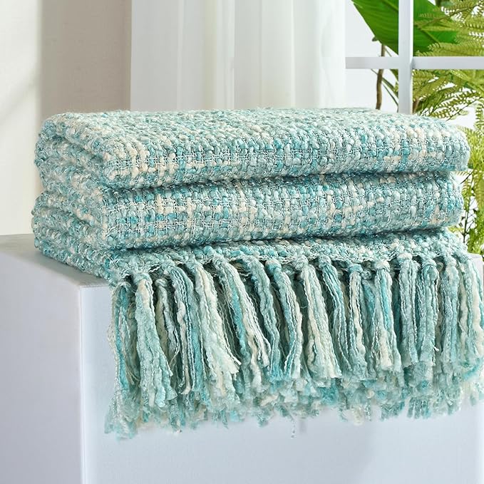Multi-Color Turquoise Cable Knitted Throw Blanket for Couch,50"X60" Boho Style Textured Blankets for Home Decor,Super Soft Warm Cozy Chunky Knit Blanket with Decorative Tassels for Bed