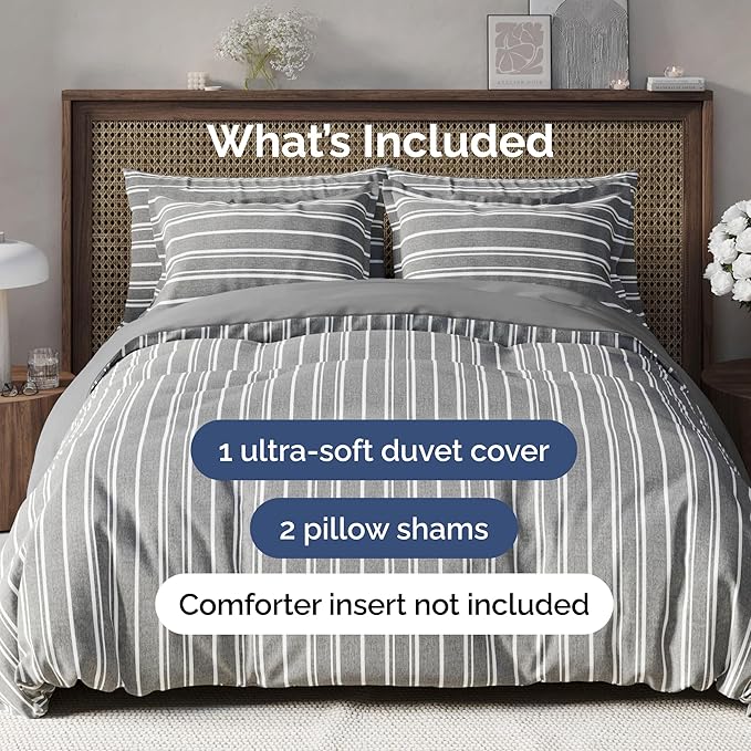 Duvet Cover Queen Size - Extra Soft Queen Size Duvet Cover - Lightweight, Breathable, Easy Care & Fade Free w/ Zipper Closures & Ties - 90" x 90" Inches - (Grey Stripes 3) Comforter Not Included