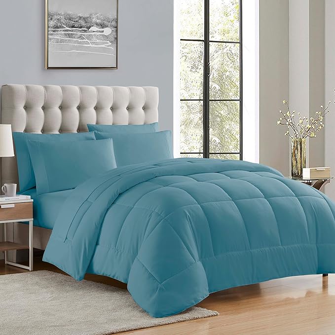 Sweet Home Collection 5 Piece Comforter Set Bag Solid Color All Season Soft Down Alternative Blanket & Luxurious Microfiber Bed Sheets, Misty Blue, Twin XL