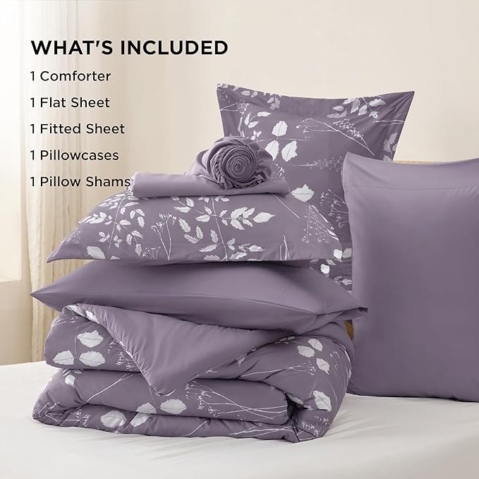 Bedsure Grayish Purple Twin Comforter Set - 5 Pieces Floral Bedding Sets Twin Bed in a Bag with Reversible Botanical Flowers Comforter, Sheets, Pillowcase & Sham