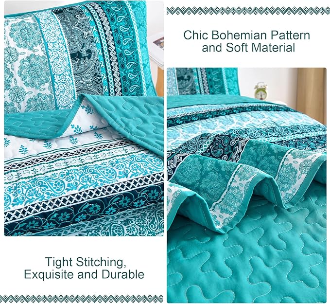 WONGS BEDDING Boho Quilt Set Queen Size, Teal 3 Pieces Bohemian Striped Patchwork Bedspread Coverlet, Lightweight Soft Microfiber Bedding Set for All Season (96"x90")
