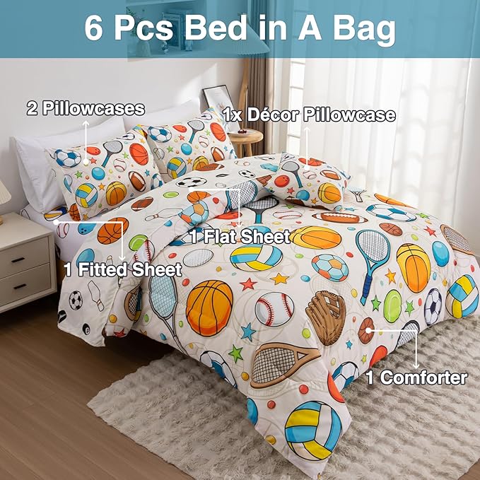 A Nice Night 6Pcs Twin Comforter Set for Boys, Sports Bedding Set with Baseball, Tennis Racket, Basketball & Football Design, Athletic Themed Kids Room Decorr(Yellow)