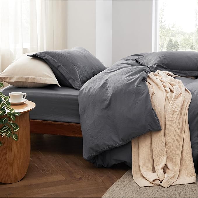 Bedsure Duvet Cover Full Size with Fitted Sheet - 4 Pieces Prewashed Cotton-Like Polyester Extra Soft Bedding Set, Includes 1 Duvet Cover 80x90 Inches, 2 Pillow Shams, 1 Fitted Sheet, Dark Grey