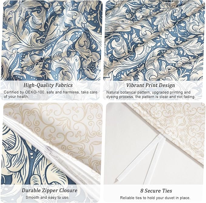 PHF Ultra Soft Floral Duvet Cover Queen Size, Revisible Boho Printed Vintage Bedding Set 3 Pieces, Comfy Durable Morris Garden Duvet Cover Set with 2 Pillow Shams, Zipper Closure and 8 Ties, 90"x90"