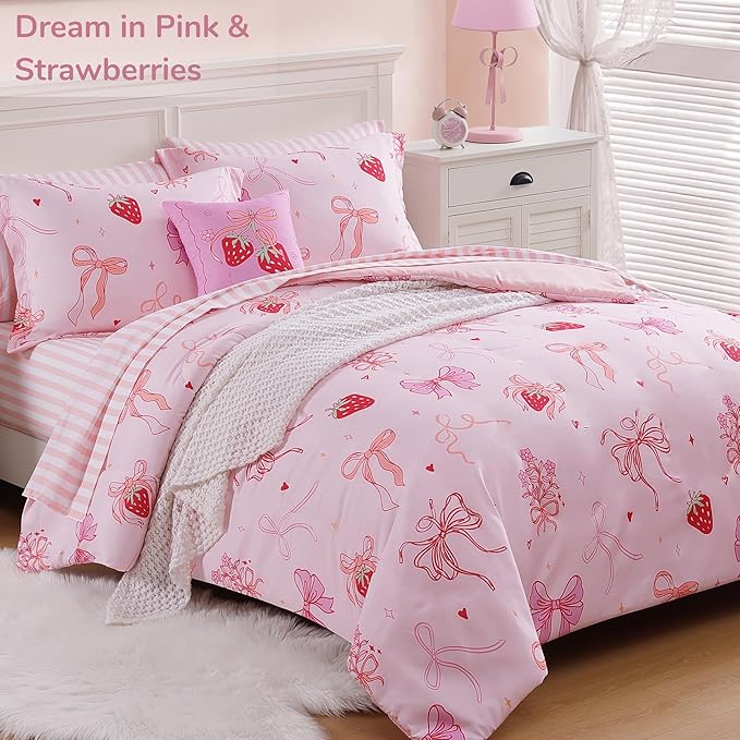 Full Size Comforter Set for Girls-7 Pieces Pink Bow Full Bedding Sets for Kids, Ultra Soft Bed in A Bag with Sheets