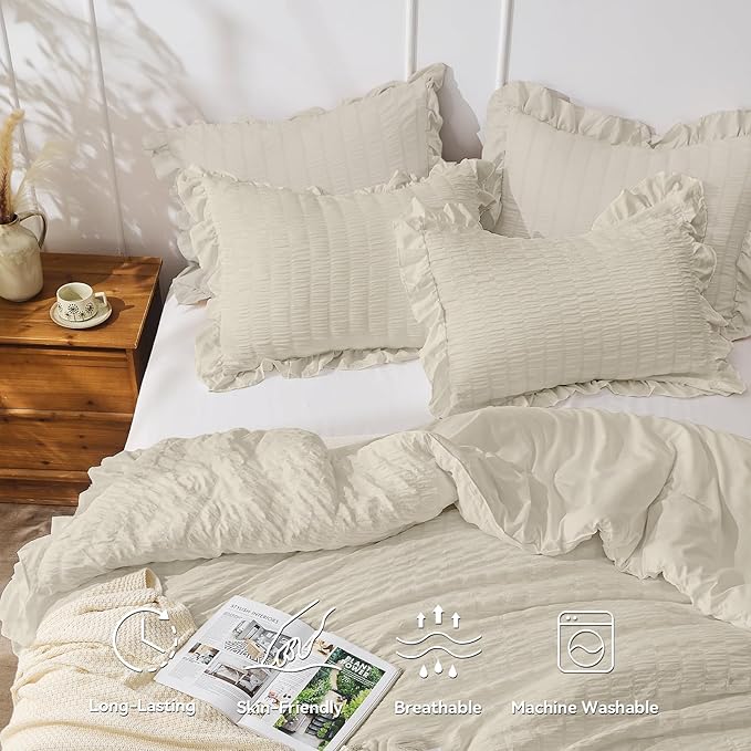 JOLLYVOGUE King Size Comforter Set, 3 Pieces Oatmeal Seersucker Comforters King Size, Lightweight & Fluffy Bedding Sets King for All Season with 1 Ruffle Comforter and 2 Ruffle Pillowshams