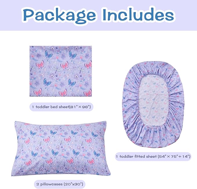 Kids Sheet Set Full Size, Girls Full Sheet Set with Floral Purple Butterfly Pattern, Breathable Silky Soft Microfiber Kids Fitted Sheet
