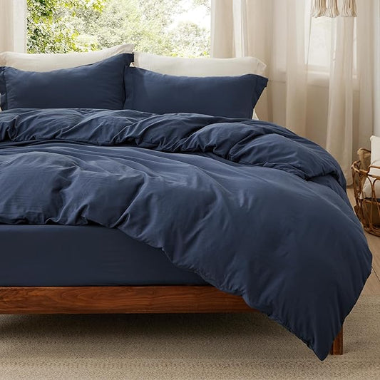 Bedsure Duvet Cover Queen Size with Fitted Sheet - 4 Pieces Prewashed Polyester Extra Soft Bedding Set, Includes 1 Duvet Cover 90x90 Inches with Zipper Closure, 2 Pillow Shams, 1 Fitted Sheet, Navy