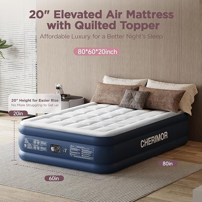 Queen Air Mattress with Built-in Pump & Luxury Quilted Topper (Washable&Detachable), 20" Raised Comfort, 800lb Support, 4.5 Min Fast Inflate, Blow up Mattress for Guest Camping & Home