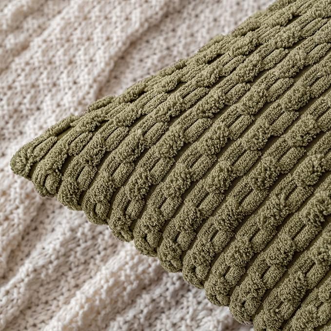 MIULEE Pack of 2 Decorative Lumbar Throw Pillow Covers 12x20 Inch Soft Boho Striped Textured Corduroy Pillow Covers Modern Farmhouse Home Decor for Couch Bed Sofa Living Room Olive Green