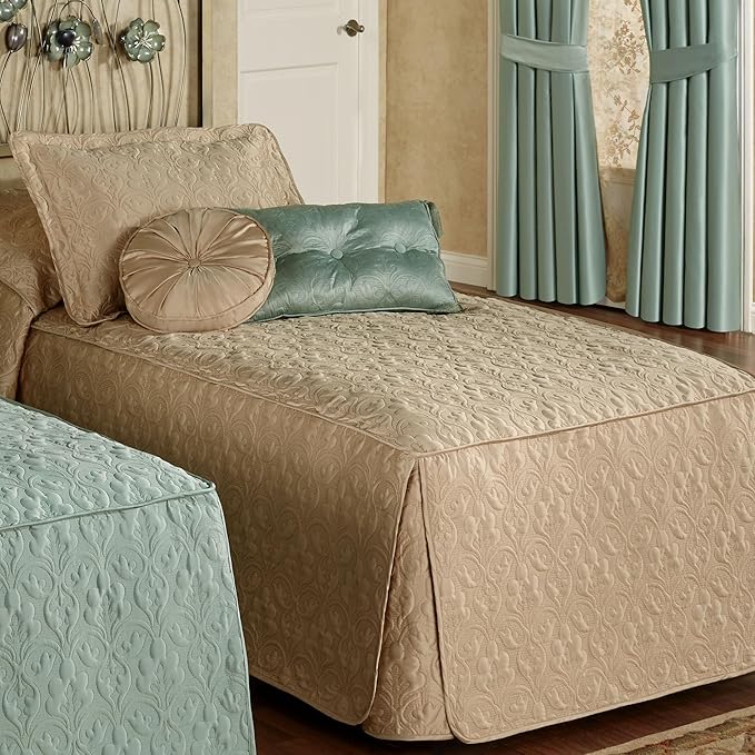 Cambridge Classic Luxury Bedding | Neutral Warm Wheat Solid Color Polyester Satin | Elaborate Damask Quilting | 2 Piece Bed Set Includes Twin Bedspread and Standard Pillow Sham | Also Fits Twin XL Bed