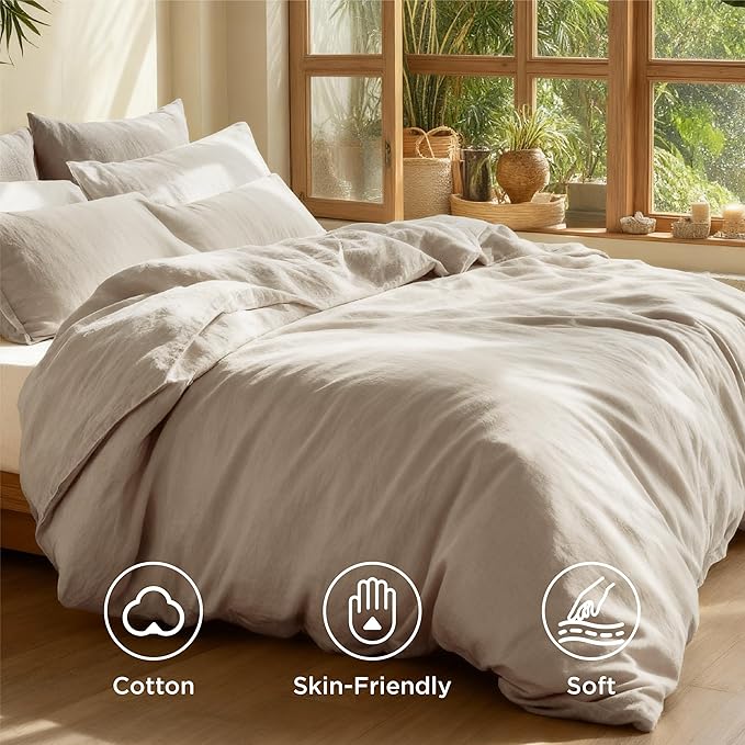 Bedsure 100% Washed Cotton Duvet Cover Cal King - Oatmeal Minimalist Cotton Duvet Cover Linen Like for All Seasons - GentleSoft™ Plain Simple Bedding (Oatmeal, California King, 104"x98")