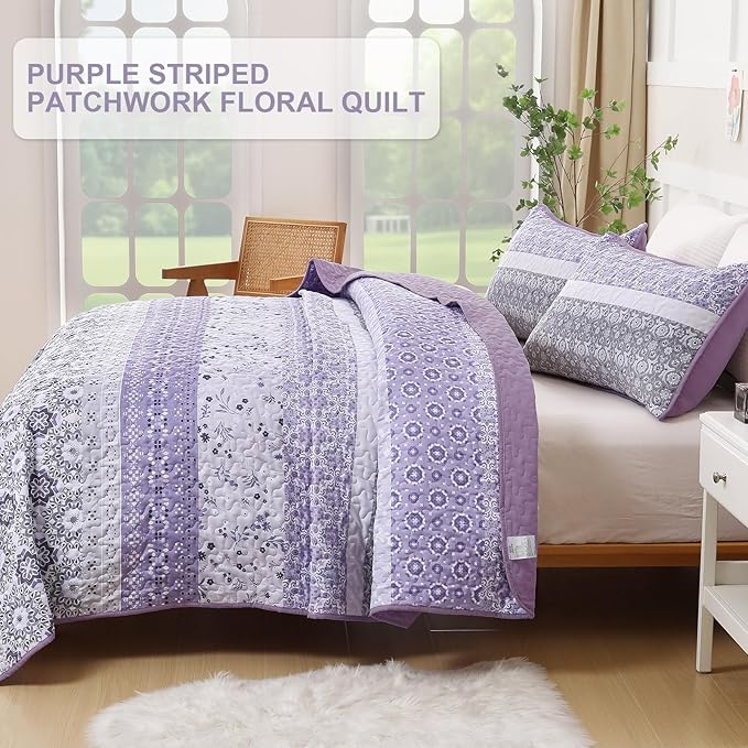 WONGS BEDDING Boho Quilt Set King, Lavender Purple Striped Patchwork Bedspread Coverlet Set with 2 Pillowcases,Bohemian Microfiber Floral Bedding Set 104"×90"
