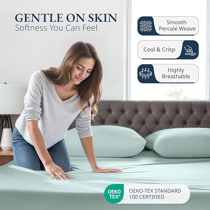 LANE LINEN Twin XL Fitted Sheets, 100% Organic Cotton 2-Piece Set (1 Fitted Sheet, 1 Pillowcase), Percale Weave, Soft, Breathable, Fits Mattress Upto 15" Deep - Cool Blue (No Flat Sheet)