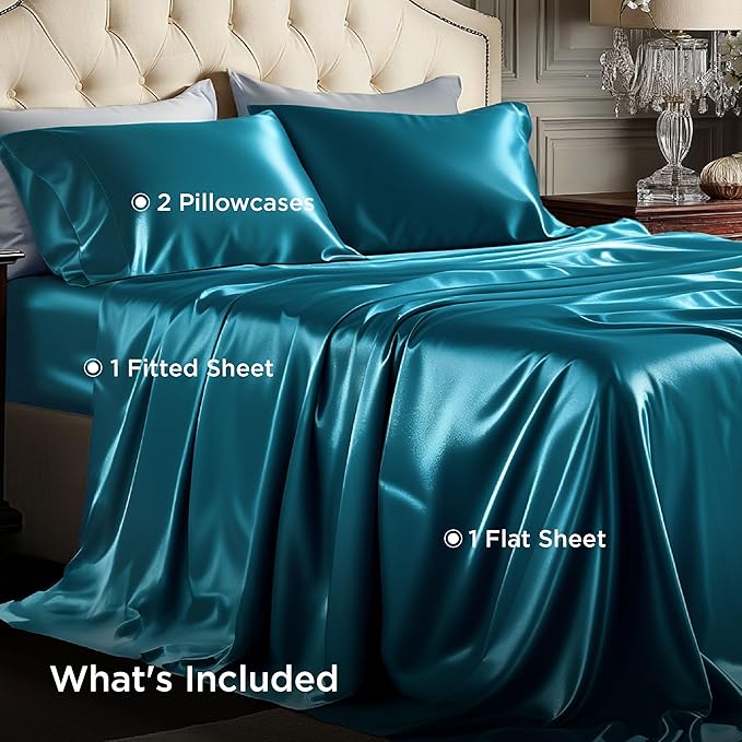 Bedsure Satin Sheets King Size - 4 Piece Silky Bedsheets with 15 Inches Deep Pocket Fitted Bedsheet,1 Flat Sheet, 2 Satin Pillowcases, Good for Hair & Skin (King, Teal)