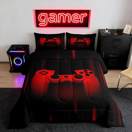 Feelyou Twin Comforter Set for Boys Gamer Bedding Set for Boys Kids Gaming Comforter Red Black Teen Child Gamer Room Decor Soft Game Geometric Duvet Quilted 1 Comforter with 1 Pillowcase Gamer Gifts