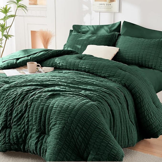 HYMOKEGE Emerald Green Full Size Comforter Sets Seersucker 7 Pieces, All Season Luxury Bed in a Bag for Bedroom, Bedding Set with Comforter, Sheets, Pillowcases & Shams