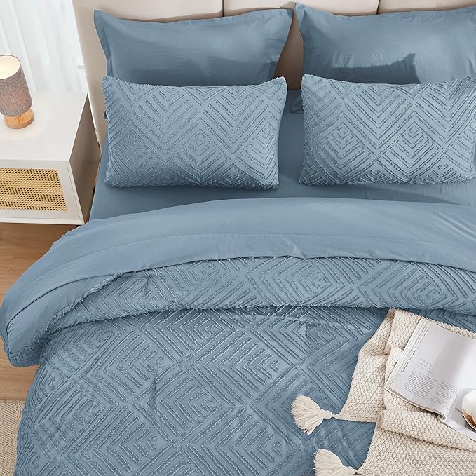Andency Grayish Blue Super King Size Comforter Set with Sheets - 7 Pieces Bed in a Bag Boho Tufted Bedding Sets Fluffy Lightweight Super King Bed Set with Comforter, Sheets, Pillowcases & Shams