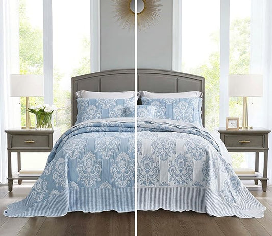 HZ & HY Oversized King Bedspread 128x120 Extra Wide, Jacquard Matelasse Damask Pattern Design, Lightweight, Reversible, 5 Piece, 100% Microfiber, Wathet Blue