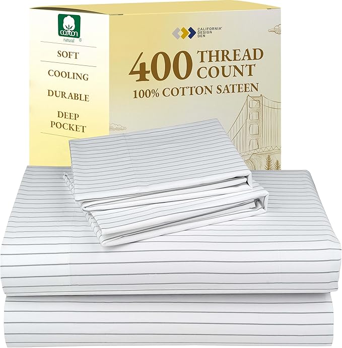 California Design Den Queen Sheet Set - 400 Thread Count Sateen, Natural 100% Cotton Sheet Set Queen Size, Deep Pocket and Durable Bedding - Pinstriped