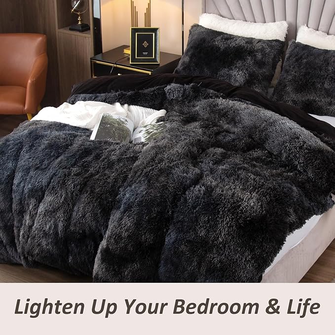 EMME Luxury Fuzzy Duvet Cover Set King Size Fluffy Comforter Cover Set for King Bed 2 Pieces Shaggy and Plush Soft Bedding Duvet Covers (Tie Dye Black, King)