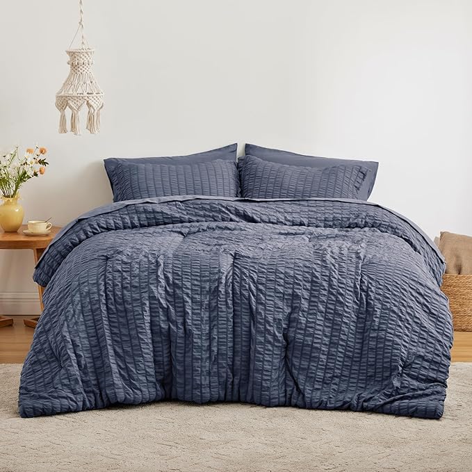 Love's cabin Seersucker Navy Blue Queen Comforter Set, 7-Piece All Season Lightweight Bed in a Bag Bedding Set with Comforter, Flat Sheet, Fitted Sheet, Pillowcases and Shams | Soft, Breathable, Lightweight