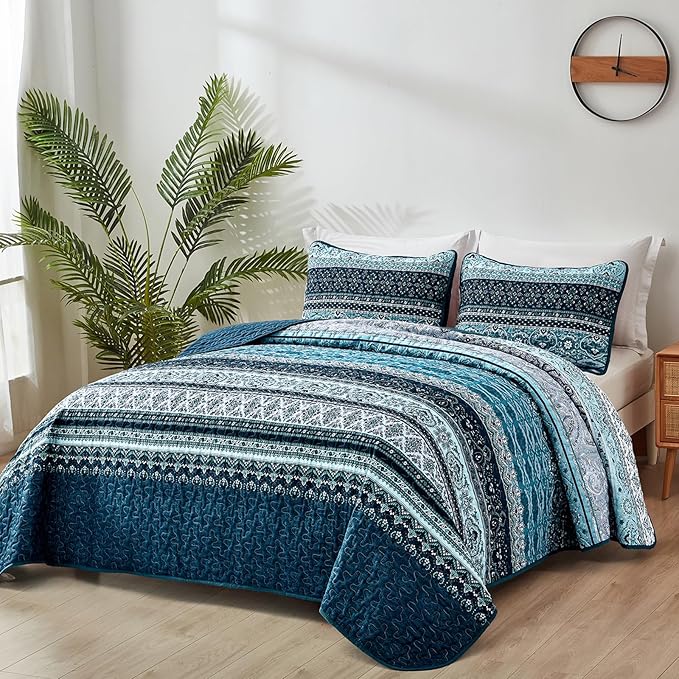 WONGS BEDDING Boho Quilt Set Twin Size, Blue Bohemian Twin Quilt Bedding Set, Lightweight Microfiber Bed Decor Bedspread with Pillow Sham for All Season 68"x86"(2 Pieces)