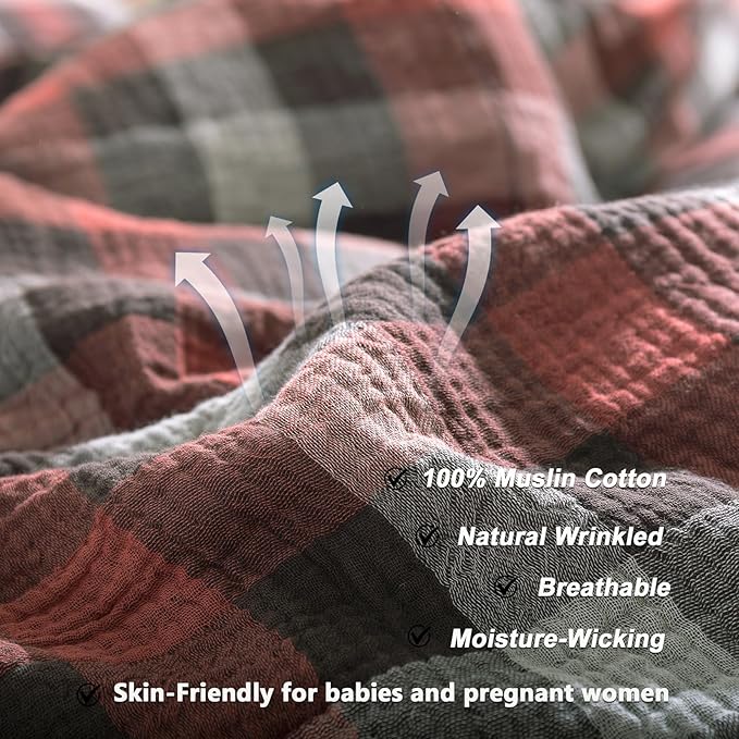 VM VOUGEMARKET Cotton Muslin Duvet Cover Queen Red Plaid Bedding Set Soft Breathable Linen Like Gauze Gingham Comforter Cover with Zipper Closure for Teen Men,90"x90"