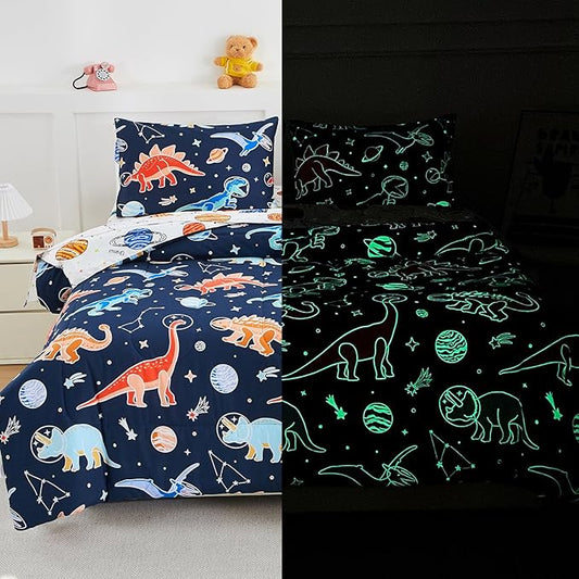 NTBED Dinosaur Kids Comforter Set Twin Size 5 Pieces Bed in A Bag for Boys Girls,Glow in The Dark Space Planet Bedding Set with Sheet