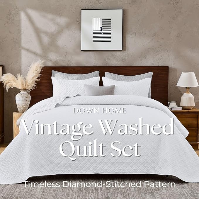 Cali King Quilt Set with Shams Lightweight Quilted Bedspread Coverlet Thin Comforter Bed Cover Vintage Washed Quilted Blanket for All Season, Brushed Microfiber Diamond Stitching, White, 111"x92"