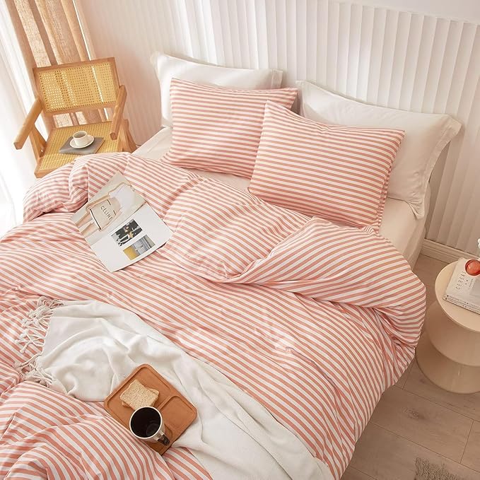 LifeTB Striped Comforter Set Twin XL Modern Style Pink White Stripes Pattern Comforter Set Fluffy Boho Comforter with 2 Pillowcases Teens Girls Cozy Dorm Bedding Twin XL Bed Comforter for All Season