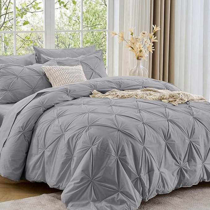 Sasttie King Size Comforter Set, 7-Piece Bed in a Bag, Pintuck Bedding Sets for All Season, Includes Comforter, Flat Sheet, Fitted Sheet, Pillowcases and Pillowshams, Light Grey