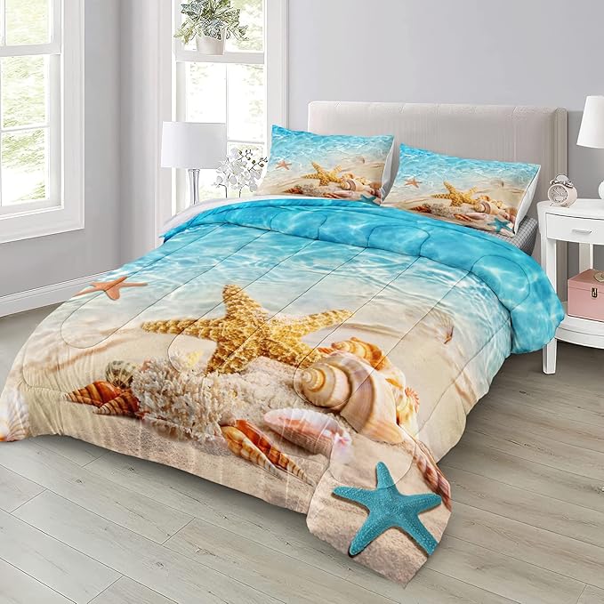 Bedbay Beachy Comforter Set King Size Coastal Bedding Set 3 Pcs Starfish Shell Conch Sea Life Printed Ocean Comforter Bedding Set Beach Themed Room Decor