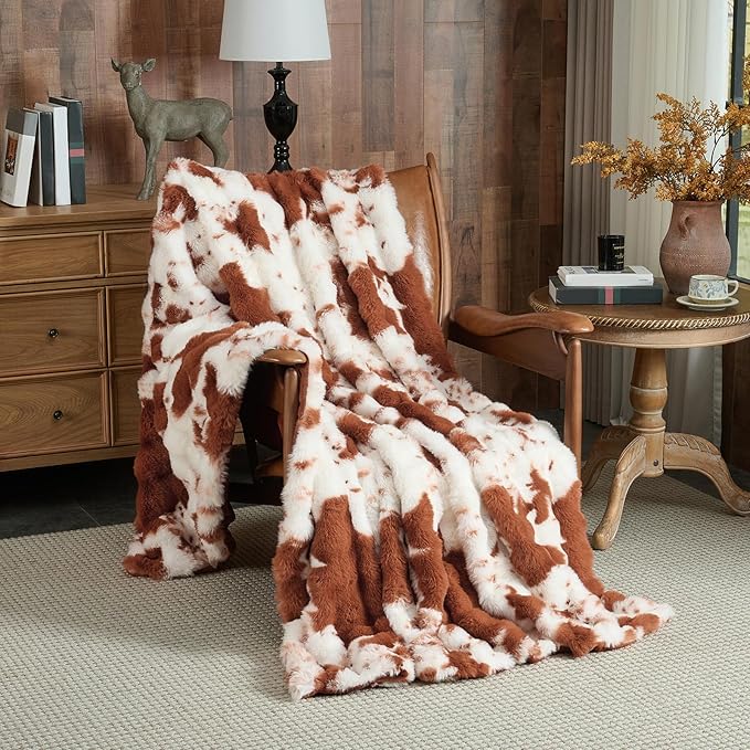 Lotus Karen Faux Fur Throw Blanket Cow Print-Light Brown, Fluffy Fuzzy Plush Bubble Blanket for Couch, 90x90 InchesCozy Shaggy Rabbit Blanket, Luxury Decorative Gifts for Sofa Bedroom Living Room.