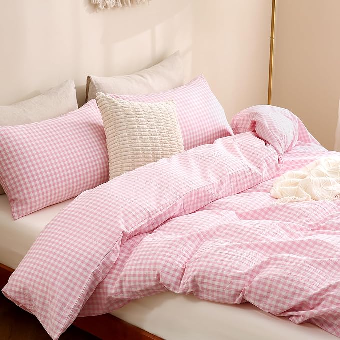 TOCOMOA Pink Gingham Duvet Cover Bedding Set 100% Washed Cotton Like Linen Feel Super Soft Comfortable 2 Piece Cute Plaid Checkered Comforter Cover Set (Twin 68"x90", Comforter Not Included)