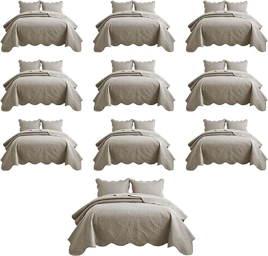 IR Imperial Rooms 10 Pack Queen Quilt Bedding Set (90" x 96") - Bulk Wholesale for Hotels, Guest Bedroom & Airbnbs - Lightweight Microfiber Reversible Floral Embossed Quilts Bedspreads (Beige)