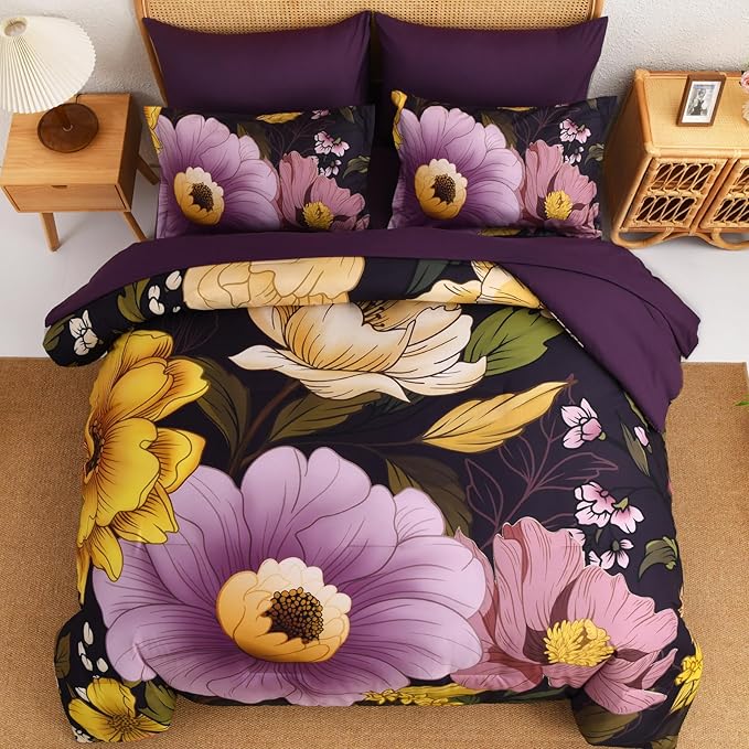Xruibed Dark Purple Floral Comforter Set Queen Size 7 Pieces Bed in a Bag Flower Bedding Sets Lightweight Boho Bed Set with Sheet,Pillowcases&Shams for All Season