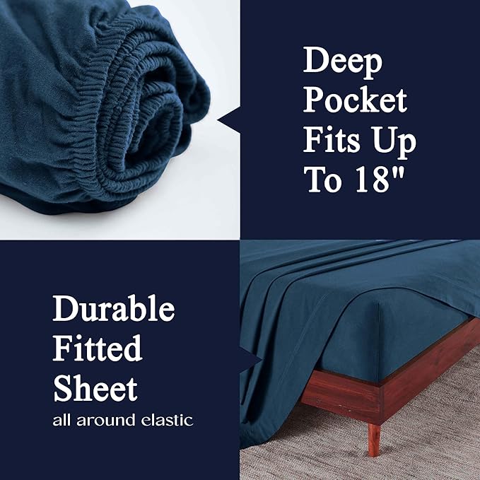 Superior Paisley or Solid Flannel Cotton Sheet Set, Fuzzy Warm Sheets, Traditional Bohemian Bedding, Includes 1 Flat Sheet, 1 Elastic Deep Pocket Fitted Sheet, 1 Pillowcase, Twin XL, Navy Blue