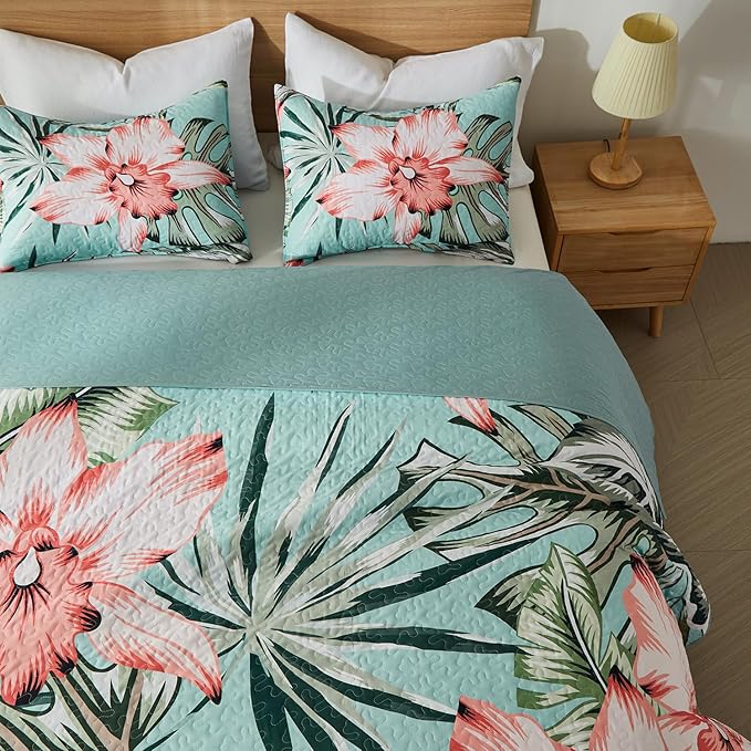 Yogeneg King Quilt Bedding Set,Green Pink Botanical Pattern Sky Blue King/Cal King Quilt Set,3 Piece Lightweight Soft Summer Bedspread Coverlet with 2 PIillow Shams,All Season(Sky Blue,110"x96")