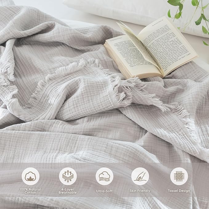 MooMee Muslin Blanket - 100% Cotton 4-Layer Gauze Throw Blanket with All-Around Fringe, Ultra-Soft Breathable Lightweight Cooling Decorative for Bed, Sofa & Couch (Light Grey,Throw XL 50" x 70")
