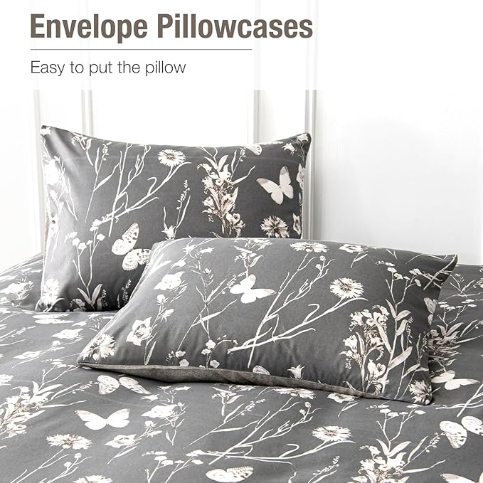 Lekesky Grey Duvet Cover Set Queen Size, Reversible Vintage Print Comforter Cover Queen Size 3pc, Soft 100% Washed Microfiber Grey Bedding Sets with Zipper Ties and 2 Pillowcases