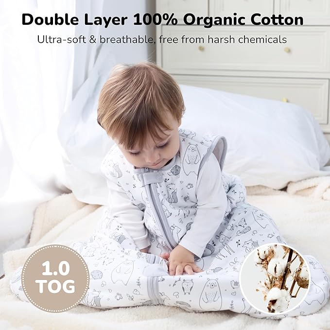 Baby Sleep Sack 1.0 TOG, Organic Cotton Baby Wearable Blanket with Two-Way Zipper, Swaddle Transition Baby Sleeping Bag, All-Season Sleep Sack for Newborn Infant Toddler Boy Girl, 0-6 Months, 1-Pack
