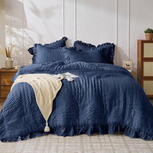 JOLLYVOGUE Navy Blue Queen Comforter Set, 3 Pieces Seersucker Comforters Queen Size, Lightweight & Fluffy Bedding Sets Queen for All Season with 1 Ruffle Comforter and 2 Ruffle Pillowshams