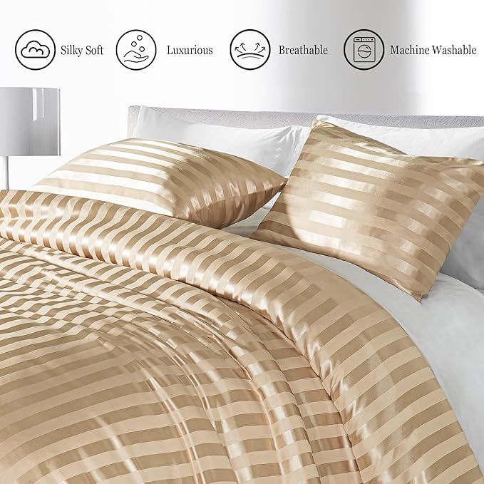Whale Flotilla 3-Piece Reversible Silky Soft Queen Comforter Set, Luxury Stripe Satin Comforters Full Size Bedding Set with 2 Satin Pillowcases, Lightweight Duvet for All Seasons, Champagne