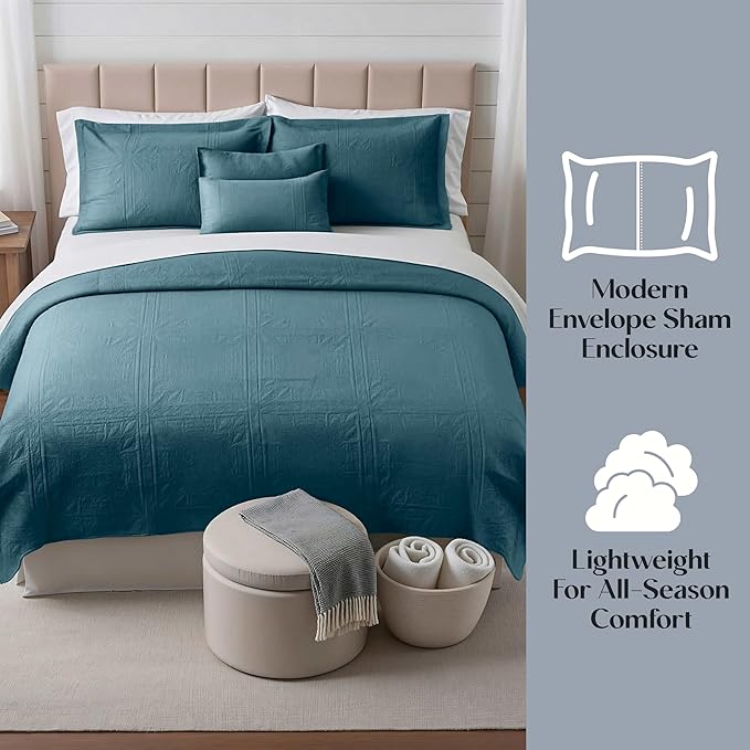 Hearth & Harbor Queen Quilt Set – All-Season Lightweight Bedspread & Coverlet with Pinsonic Weave - 7 Piece Queen Quilt Set with Pillow Shams, Stone Blue - Queen Grid
