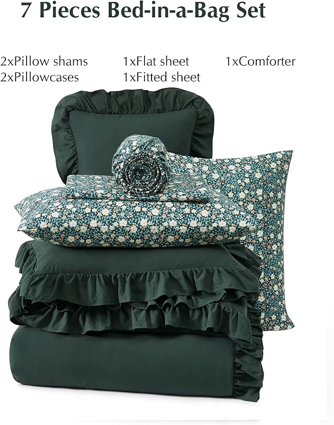 Queen Comforter Set - 7 Pieces Ruffle Forest Green Bedding Sets, Shabby Chic Farmhouse Bed in a Bag with Ruffle Comforter, Floral Sheets, Pillowcases & Shams