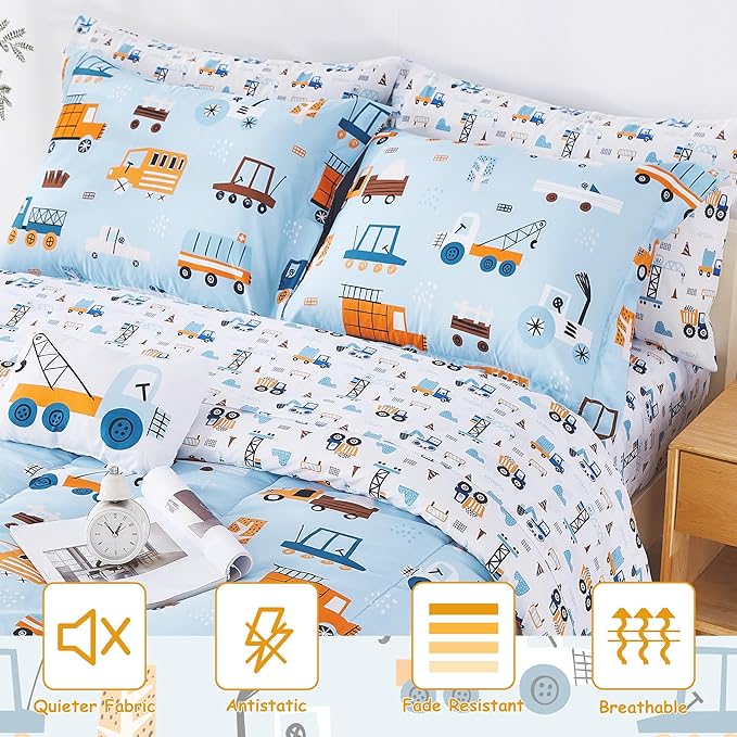Mooreeke Kids Full Comforter Sets for Boys 8 Pieces Light Blue Bedding Set for Teens Microfiber Car Truck Kids Bed in A Bag with Comforter, Sheet Set, Shams and Decorative Toy Pillow All Season